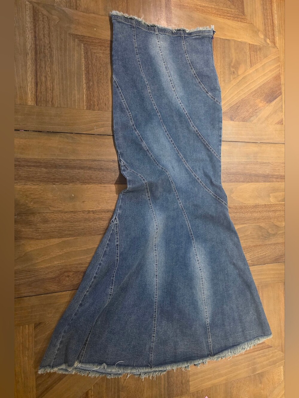 Fashion Nova Denim Strapless Mermaid Dress Sz Large Flared Fishtail Hem